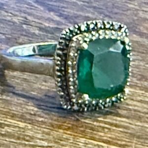 Zales Silver Ring with Lab Created Emerald and Natural Diamonds